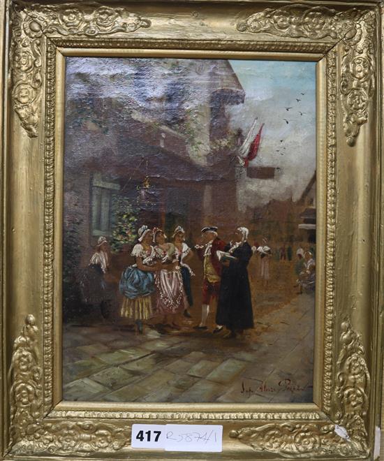 S. Alonso Perez, oil and print on canvas, street scene, 31 x 23cm